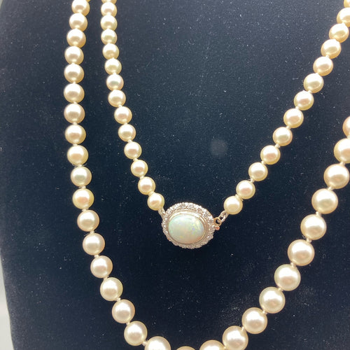 Graduated Cultured Pearl Vintage Necklace with White Opal Diamond Clasp