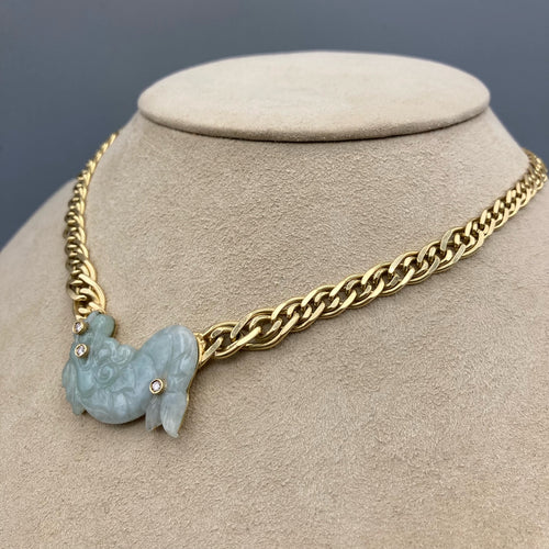 Chaîne Gourmette en Or Jaune 18k avec Dragon de Jade Accentué de 3 Diamants