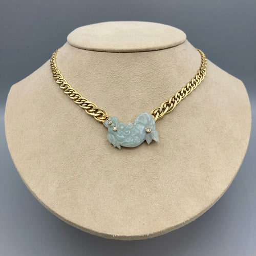 Chaîne Gourmette en Or Jaune 18k avec Dragon de Jade Accentué de 3 Diamants