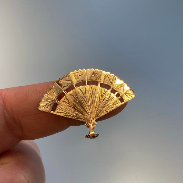 14k Yellow Gold Hand Fan Charm Pendant - Cut-Out Flora Design, 0.92" Height, Solid Gold