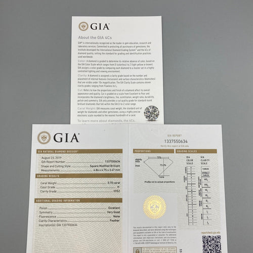 0.70CT Certifié GIA - Couleur H - VVS2 - Brillant carré modifié - Diamant 