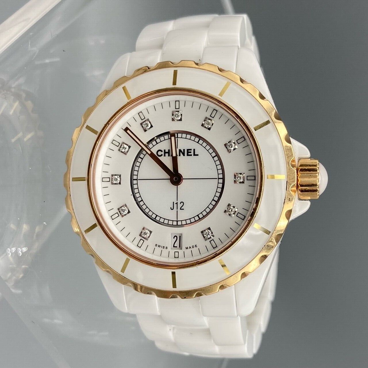 CHANEL Diamond Dial J12 White Ceramic Wristwatch