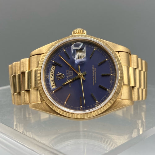 Rolex Day-Date President 18k Yellow Gold Blue Stick Dial 36mm Watch 18038
