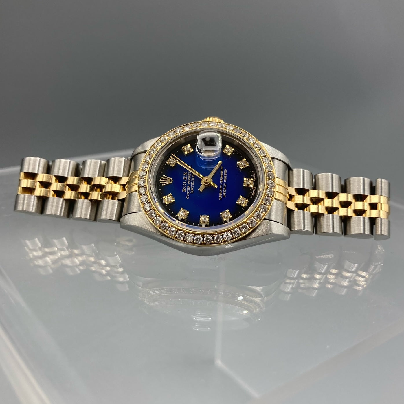Rolex Ladies Datejust 18K Gold & Steel Diamond Rare Blue Vignette Dial Watch 69173