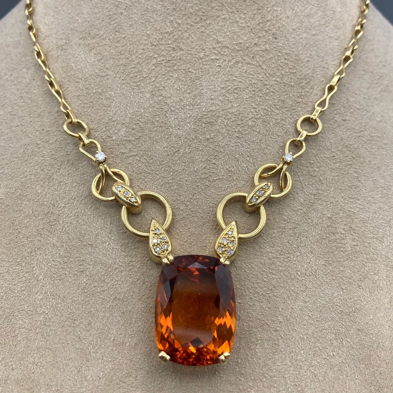 Vintage Imperial Topaz Pendant on 18K Yellow Gold and Diamond Chain