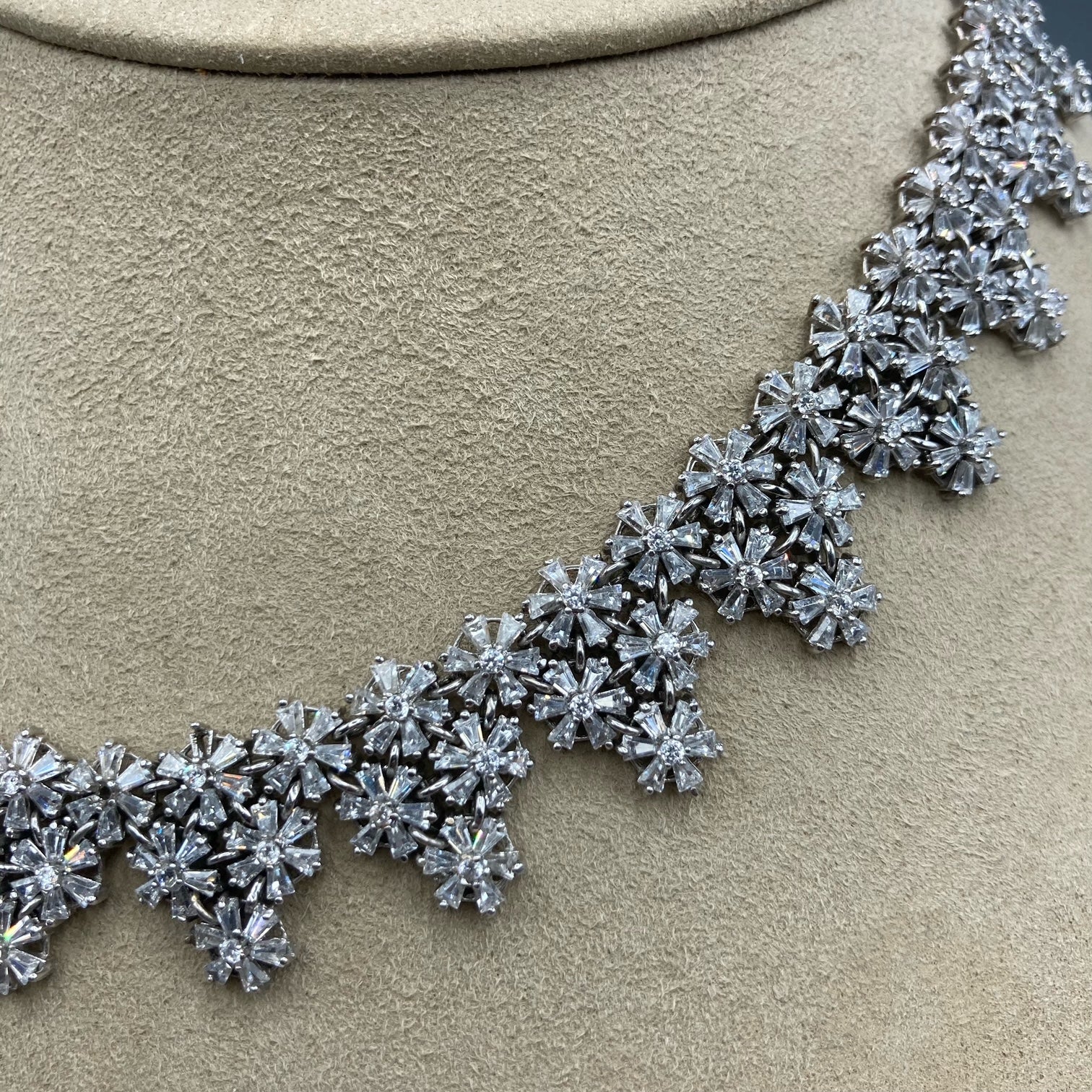 18k White Gold CZ Necklace with Cluster Snowflake Pattern