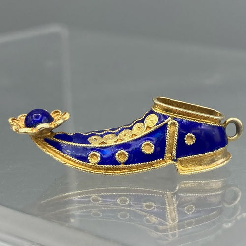 Vintage 18K Yellow Gold and Blue Enamel Pointed Shoe/Slipper Lapis Pendant