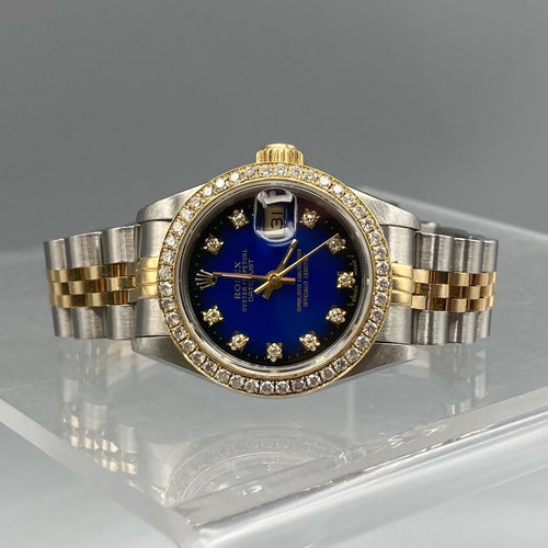 Rolex Ladies Datejust 18K Gold & Steel Diamond Rare Blue Vignette Dial Watch 69173