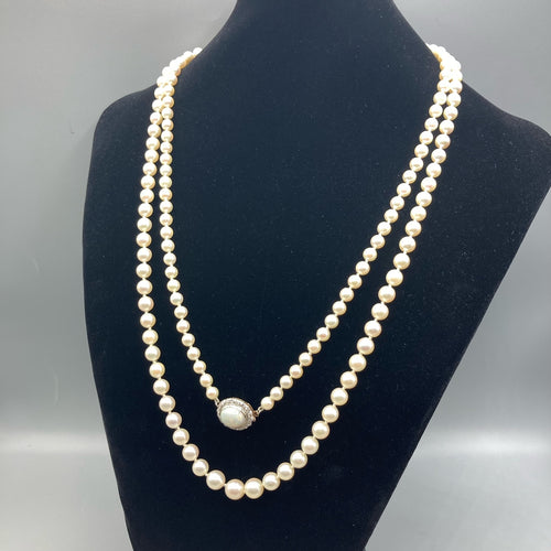 Graduated Cultured Pearl Vintage Necklace with White Opal Diamond Clasp