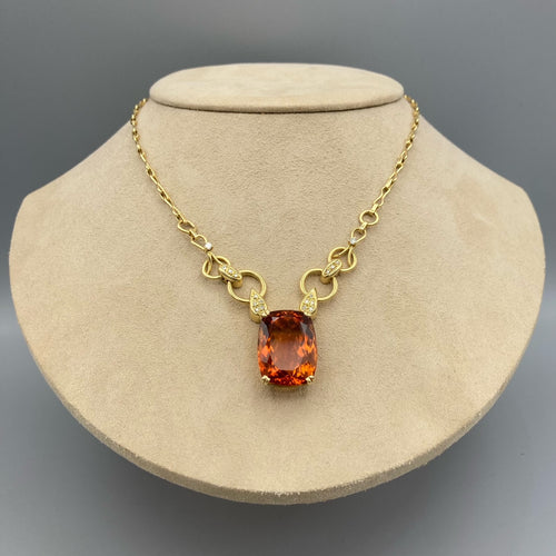 Vintage Imperial Topaz Pendant on 18K Yellow Gold and Diamond Chain