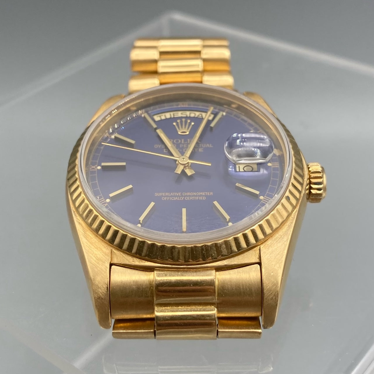 Rolex Day-Date President 18k Yellow Gold Blue Stick Dial 36mm Watch 18038