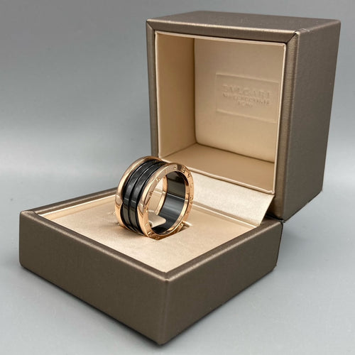 Bvlgari B.zero1 four-band ring with two 18 kt rose gold loops and a black ceramic spiral