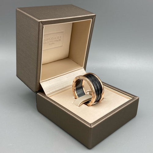 Bvlgari B.zero1 four-band ring with two 18 kt rose gold loops and a black ceramic spiral