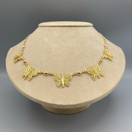 Collier vintage français avec motifs papillons en filigrane en or rose et or jaune 18 carats