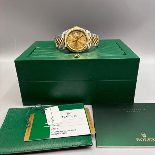 Rolex Datejust 41 Yellow Gold Steel Champagne Diamond Dial Watch 126333