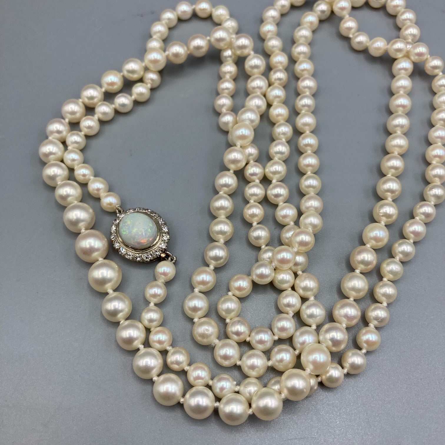 Graduated Cultured Pearl Vintage Necklace with White Opal Diamond Clasp
