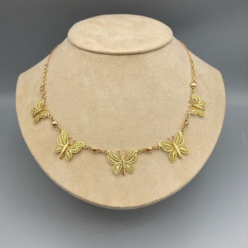 Collier vintage français avec motifs papillons en filigrane en or rose et or jaune 18 carats