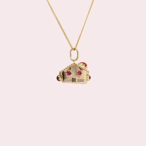 Vintage 3D Cabin Charm in 14k Gold with Rubies