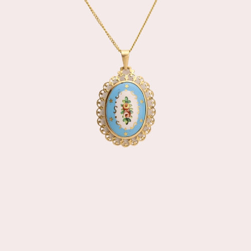 Antique Hand Painted Flower Porcelain Pendant in 18k Gold