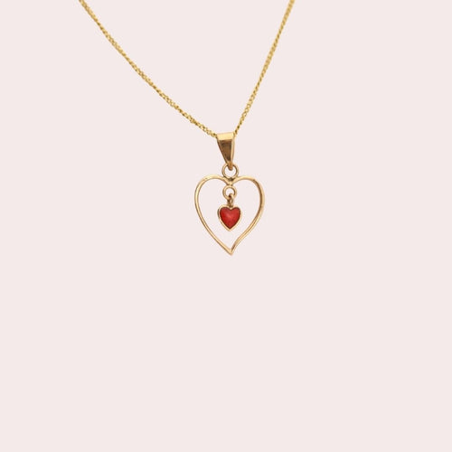 Vintage Red Enamel Double Heart Charm 14k Rose Gold