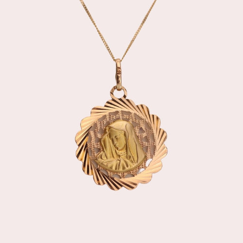 Large Madonna Pendant with Scalloped Diamond Cut Edge in 10k gold