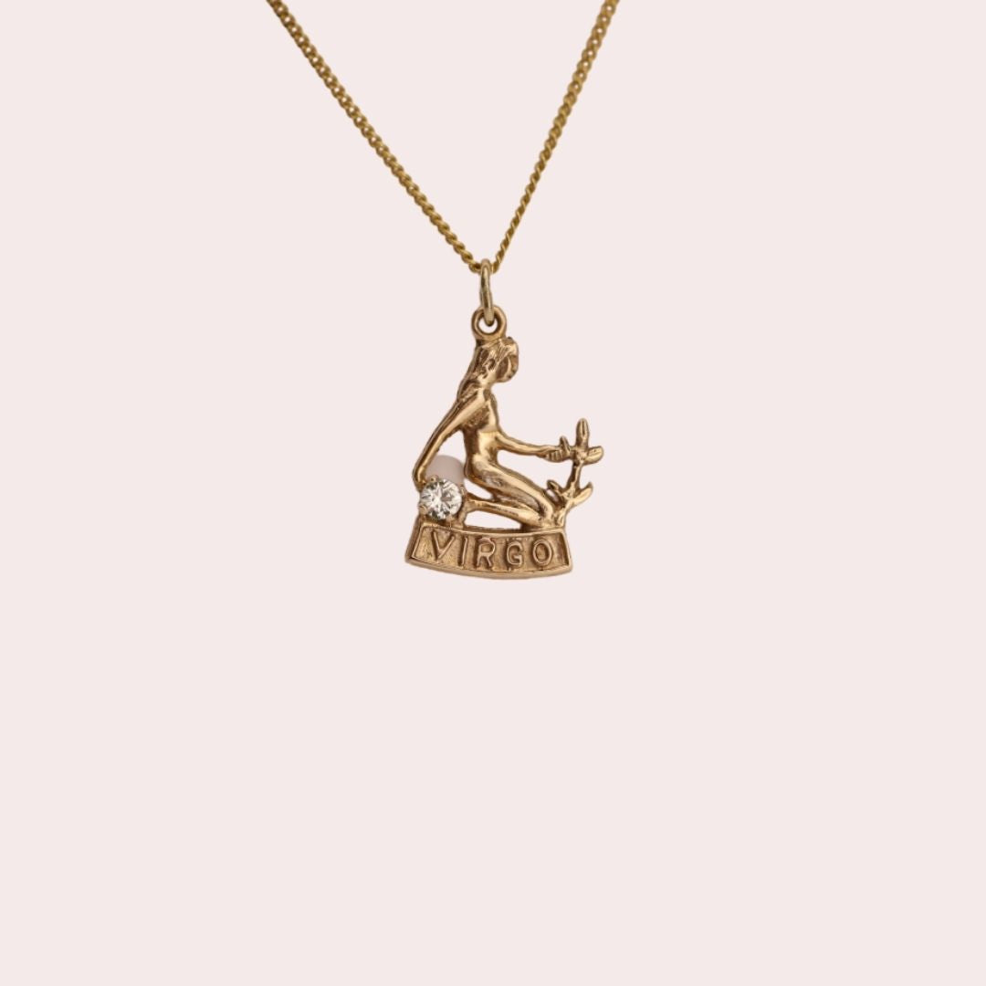 Virgo Gold Vintage Zodiac Pendant in 10k with Diamond