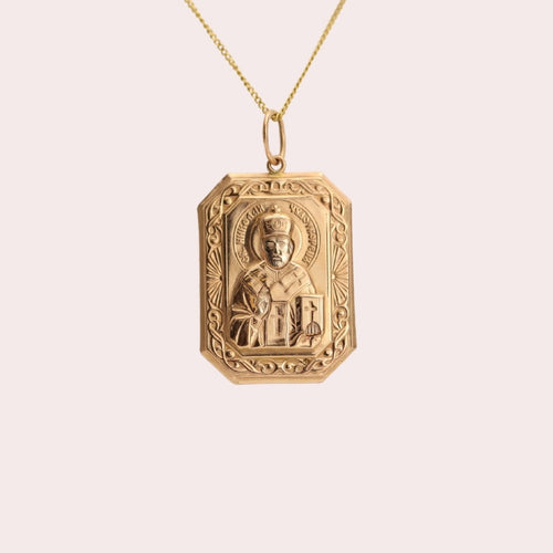 Vintage Russian Orthodox Icon Pendant of Saint Nicholas Zarazsk in 14k gold