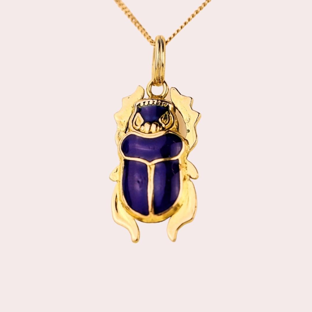 Vintage Double Sided Scarab Pendant with Blue Enamel in 18K Gold