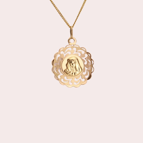 Virgin Mary Pendant with Scalloped Edge Textured Finish in 10k Gold