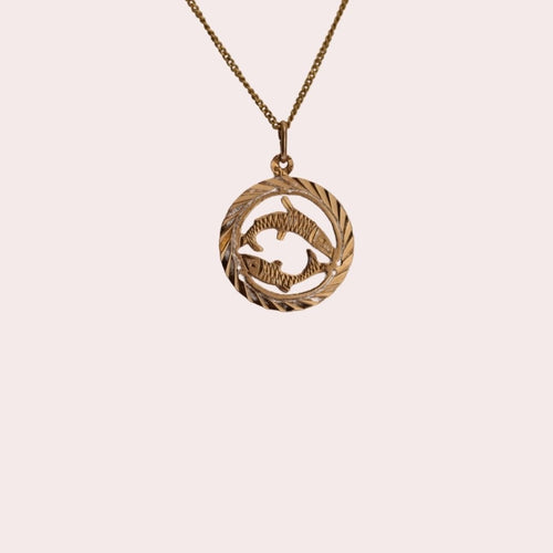 Pisces Gold Vintage Zodiac Pendant in 14k