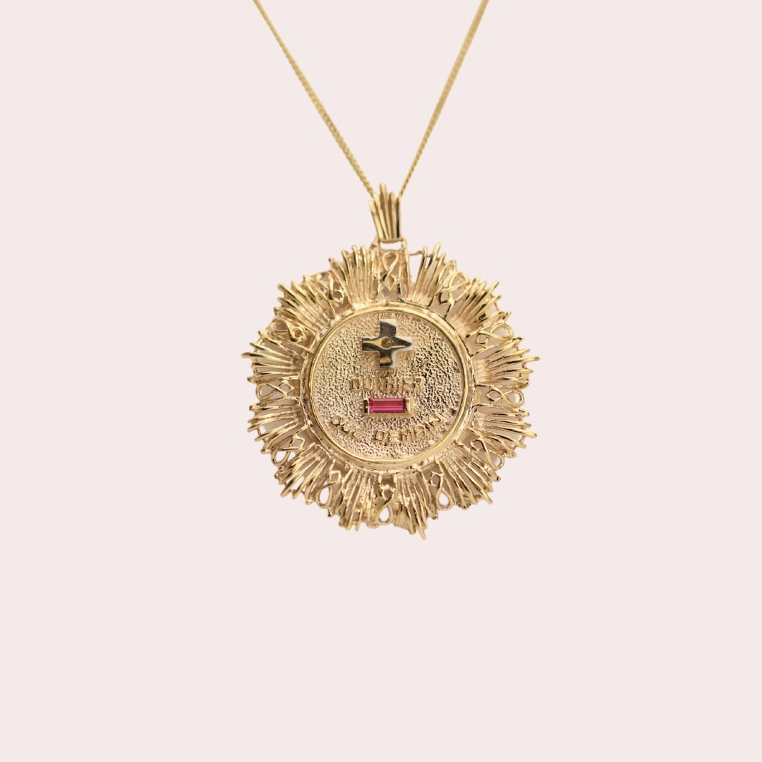 Vintage Qu' Hier Que DEMAIN Large Pendant in 14K Gold with Ruby Set