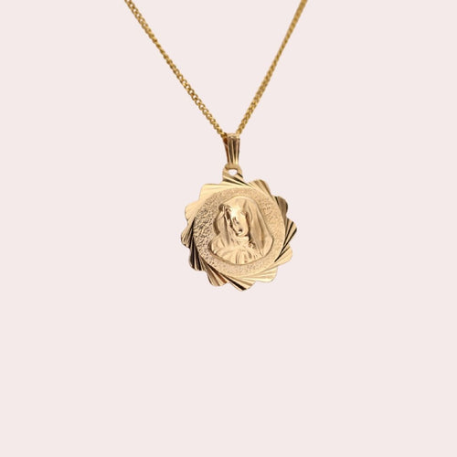 Vintage Madonna Pendant with Scalloped Diamond Cut Edge in 10K Gold