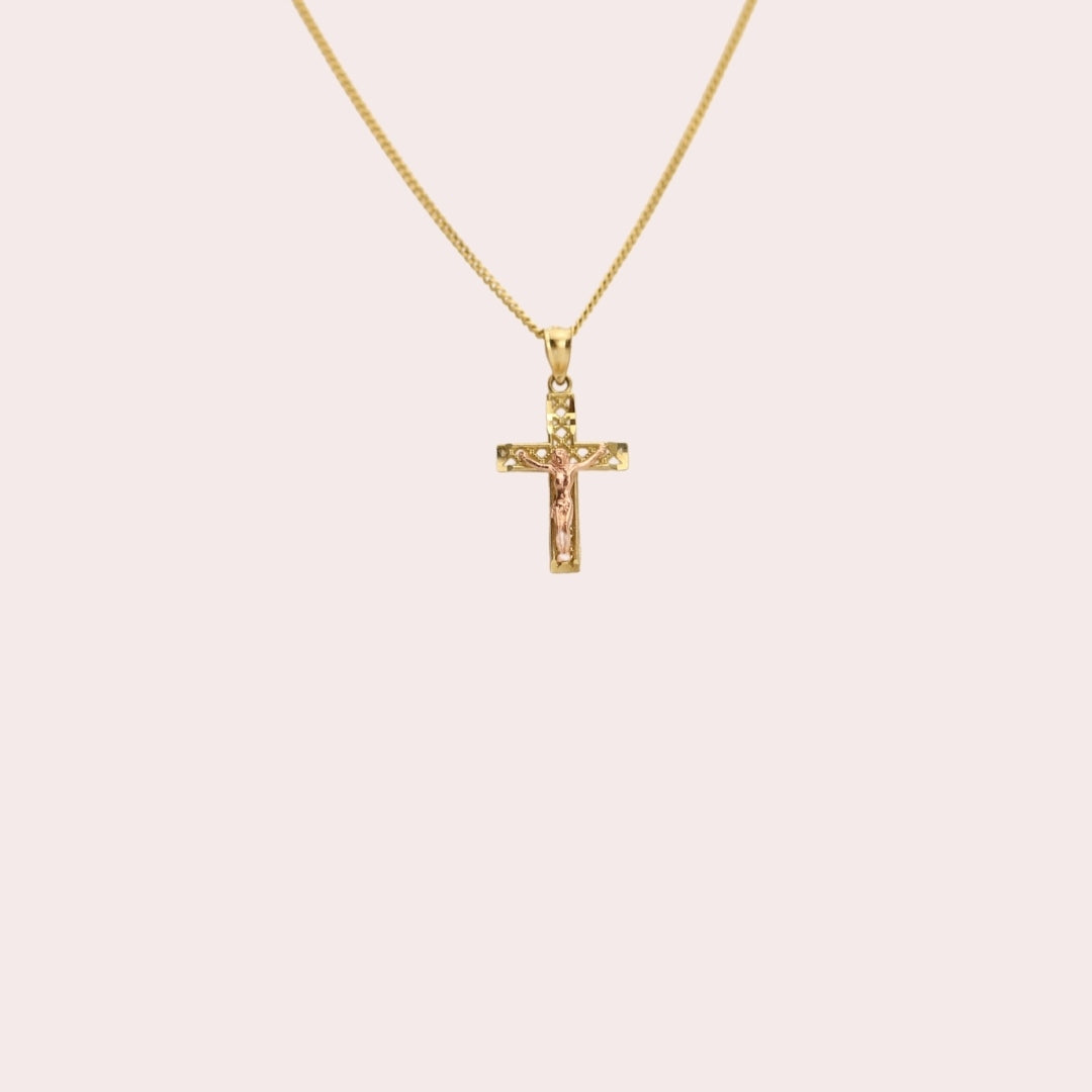 Croix crucifix vintage en or rose bicolore en or jaune et rose 10 carats