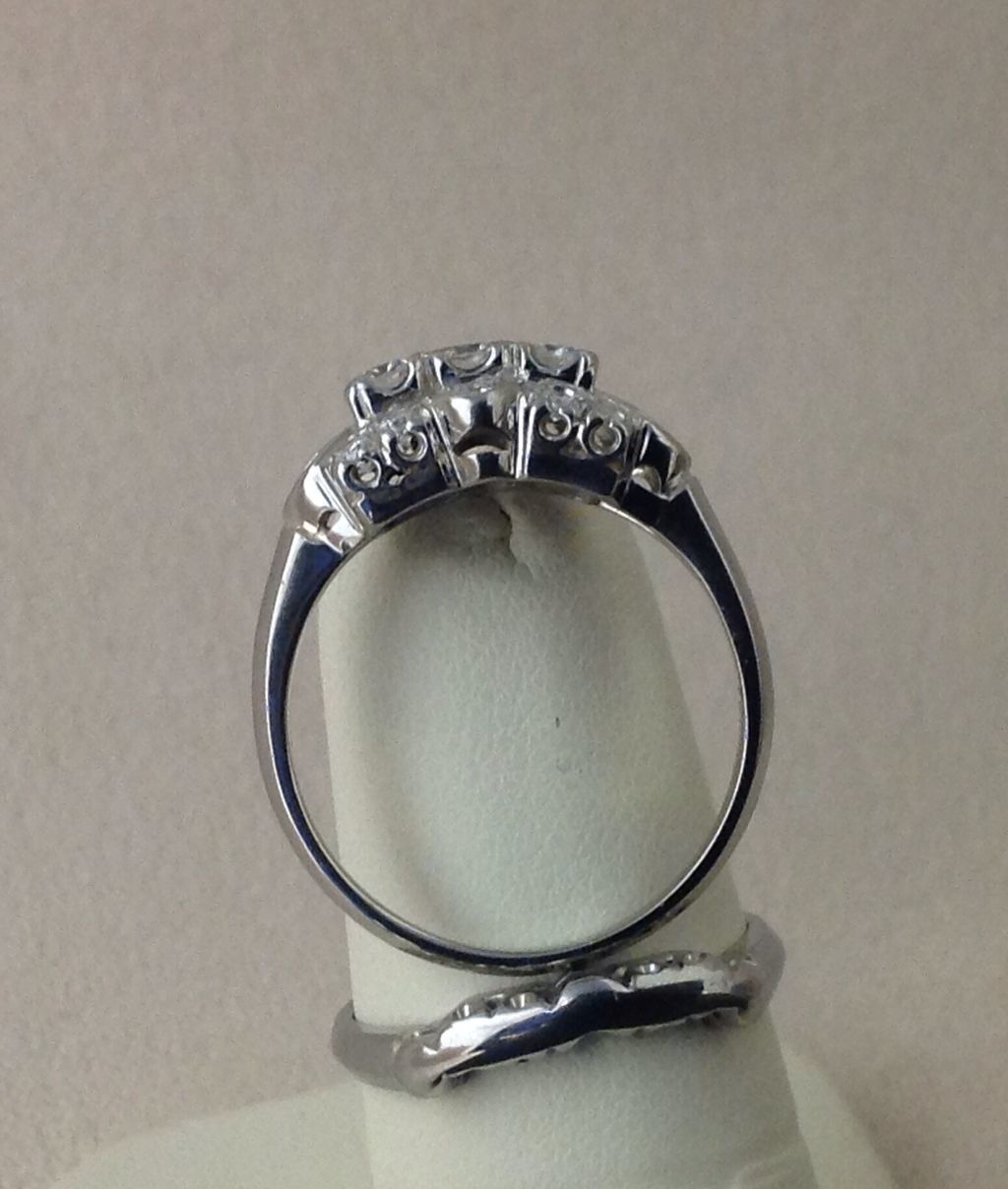 Art Deco Diamond Engagement Ring and 18K White Gold Wedding Band Set