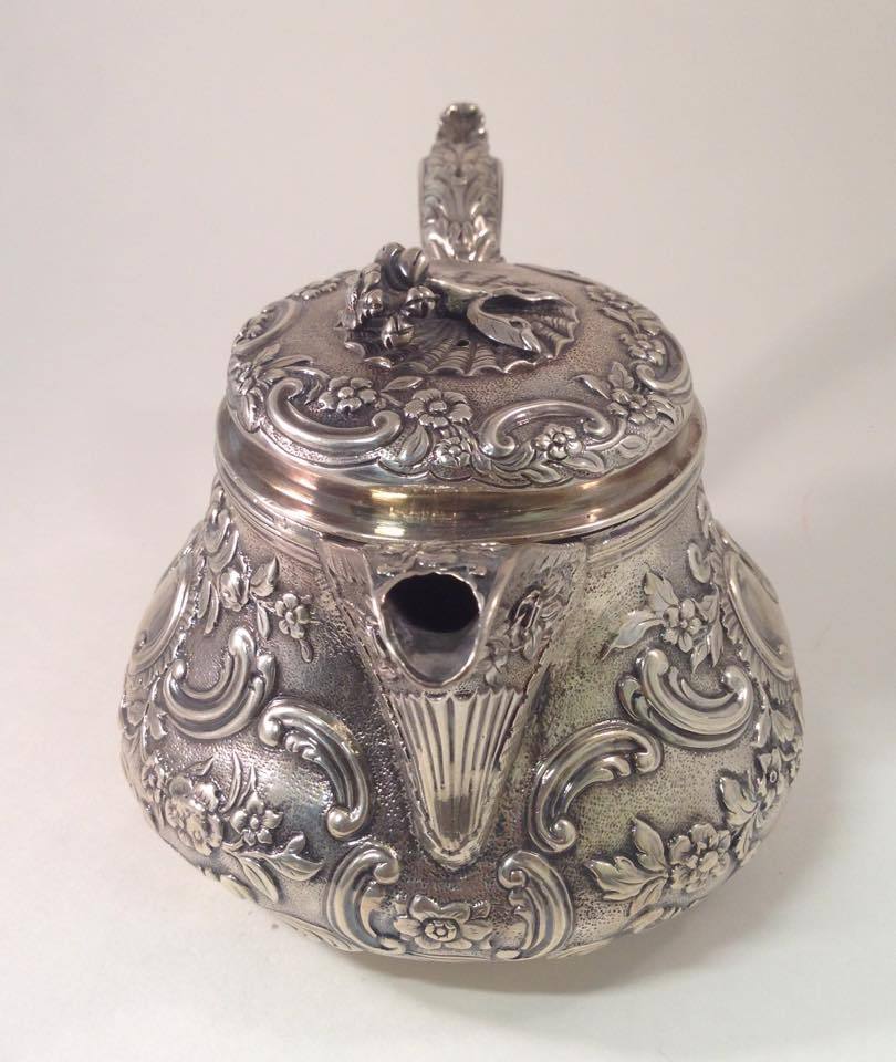 Antique Georgian Sterling Silver Repose Tea Pot with Embossed Floral Patterns