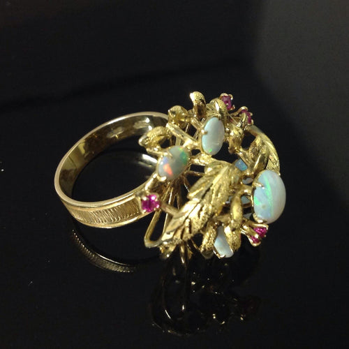 14k Gold Hand Crafted Opal and Tourmaline Harem / Princess Ring