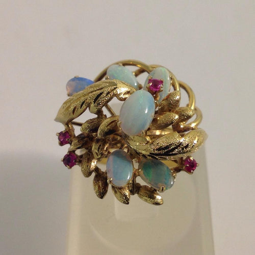 14k Gold Hand Crafted Opal and Tourmaline Harem / Princess Ring