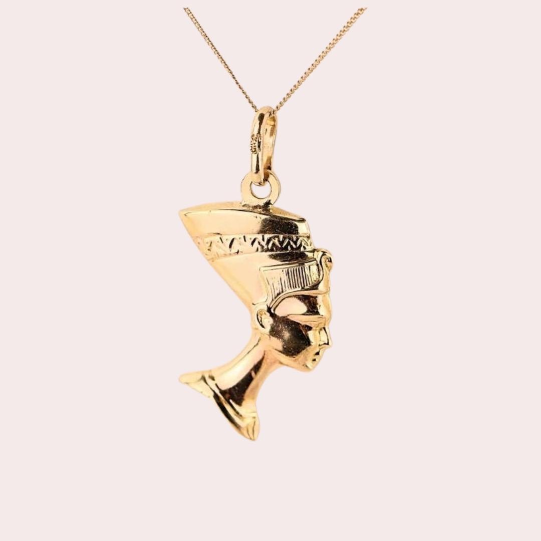 Pendentif Cléopâtre vintage en or 18 carats Reine égyptienne Néfertiti