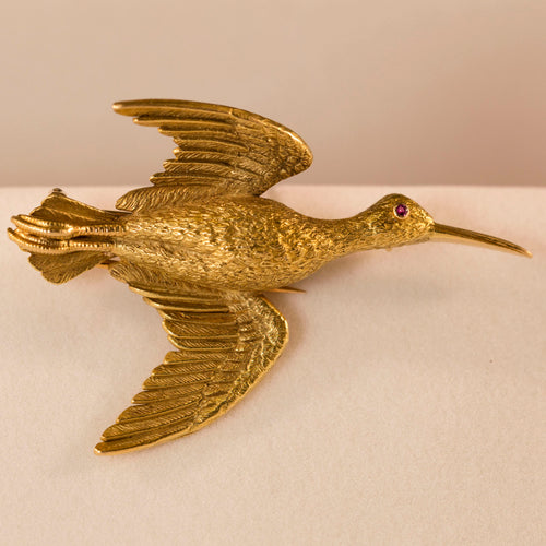 Hermès Paris 18k Gold Brooch Ruby Eye Stork in Flight French Eaglehead Hallmark