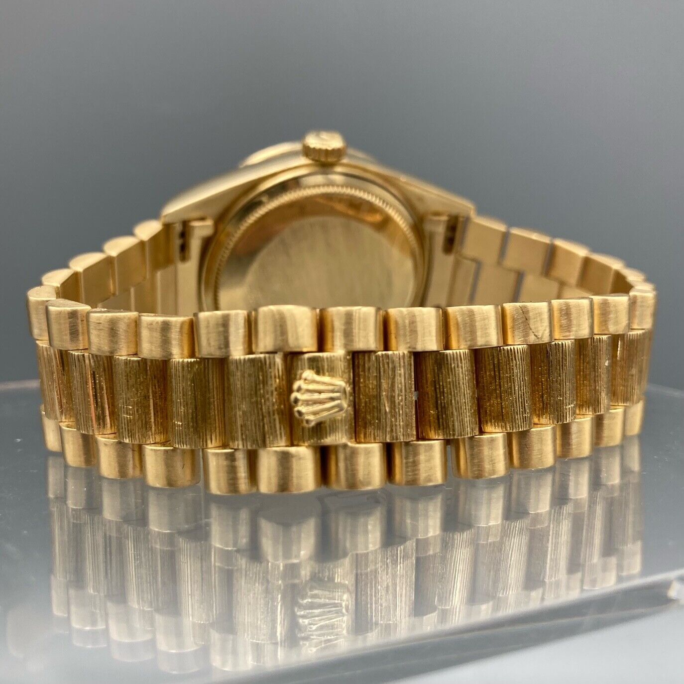 Rolex 18K Gold Bark Finish DayDate with Diamond Bezel and Black Stick Dial - 18108