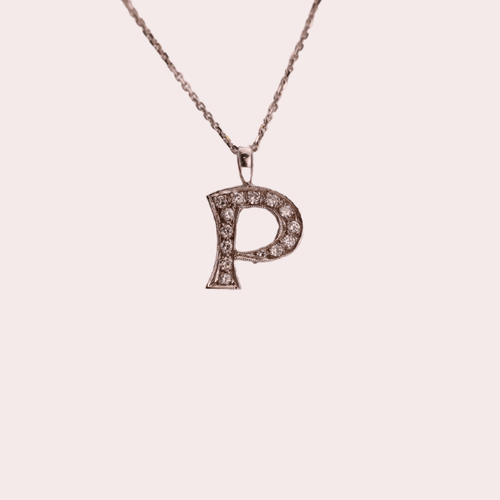 Vintage Letter P Diamond Pendant 14K in White Gold