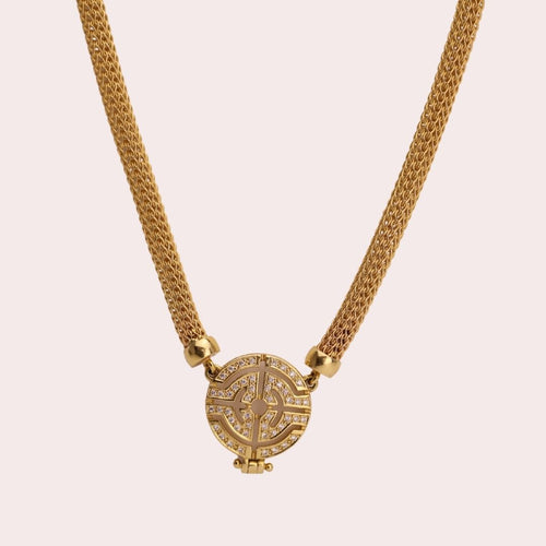 18K Yellow Gold Tube Mesh Chain and Grecian Pendant by Desginer KoriFidis