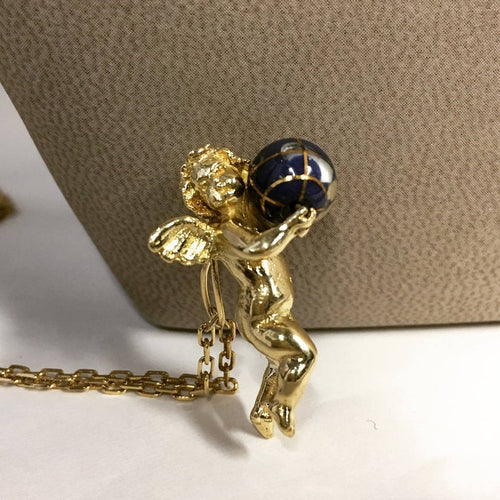 Vintage 3D Cherub Angel Pendant with Spinning Agate Globe Italian 18k Gold