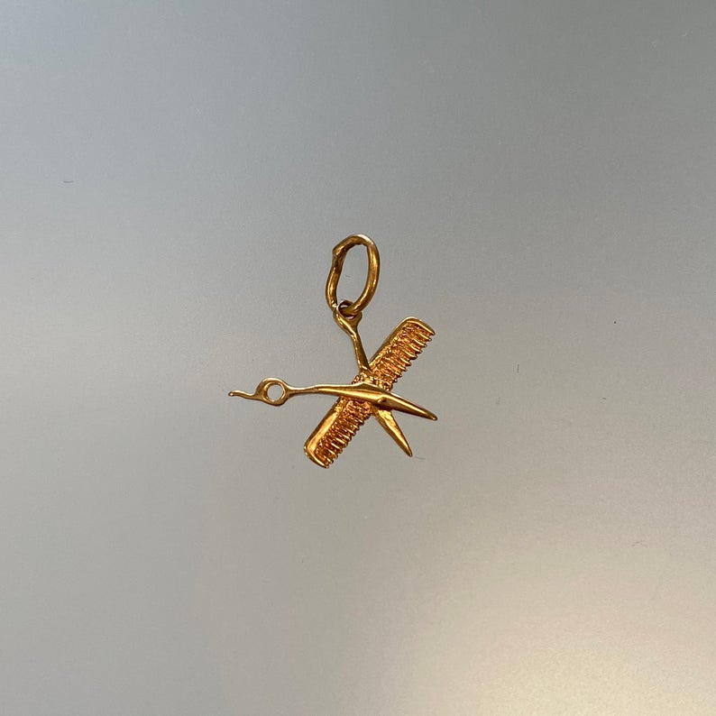 Vintage Solid Gold Hair Stylist Comb and Scissors Pendant in 10k Gold