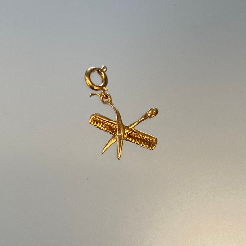Vintage Solid Gold Hair Stylist Comb and Scissors Charm in 10k Gold