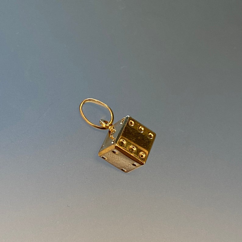 Vintage 3D Six Sided Dice Charm in 10k Gold