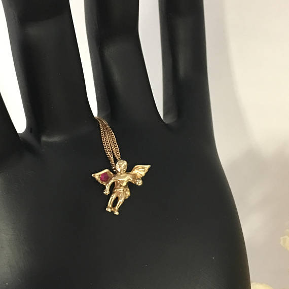 Vintage 10k Gold 3D Winged Ruby Cupid, Guardian Angel Pendant