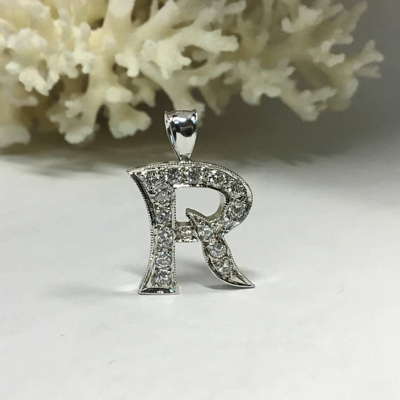 Beautiful Letter "R" Pendant in 14k White Gold and Diamonds