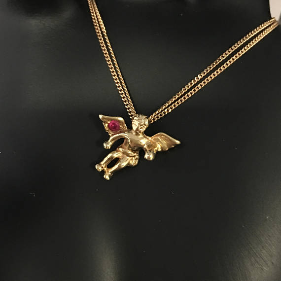 Vintage 10k Gold 3D Winged Ruby Cupid, Guardian Angel Pendant