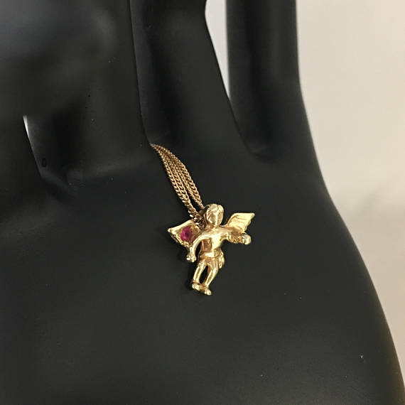 Vintage 10k Gold 3D Winged Ruby Cupid, Guardian Angel Pendant